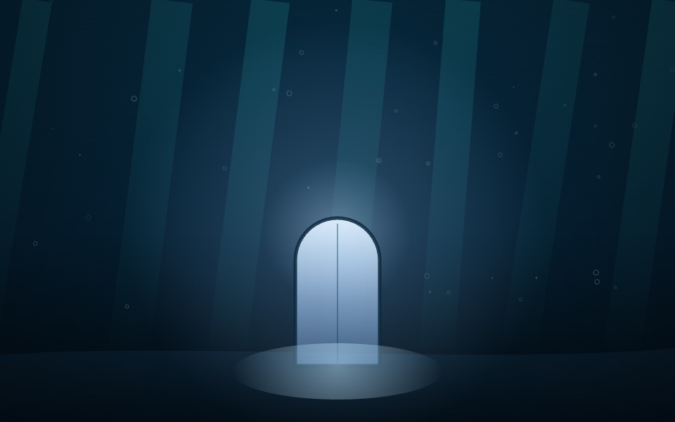 Painted cover art: a glowing door on the sea floor