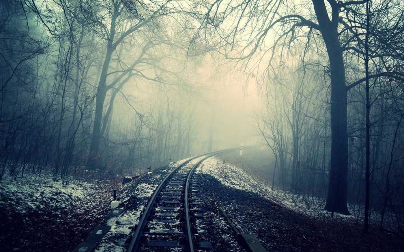 A railway line curving away through a frozen, mist-filled winter forest